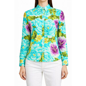 Jones NY Blouse Size M Blue Floral Lightweight Long Sleeve Roll Tab Turquoise